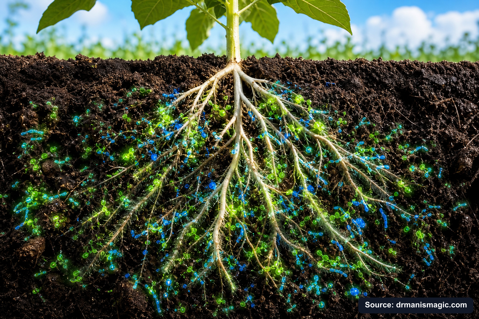 Cross-section of healthy plant roots surrounded by active soil microbes