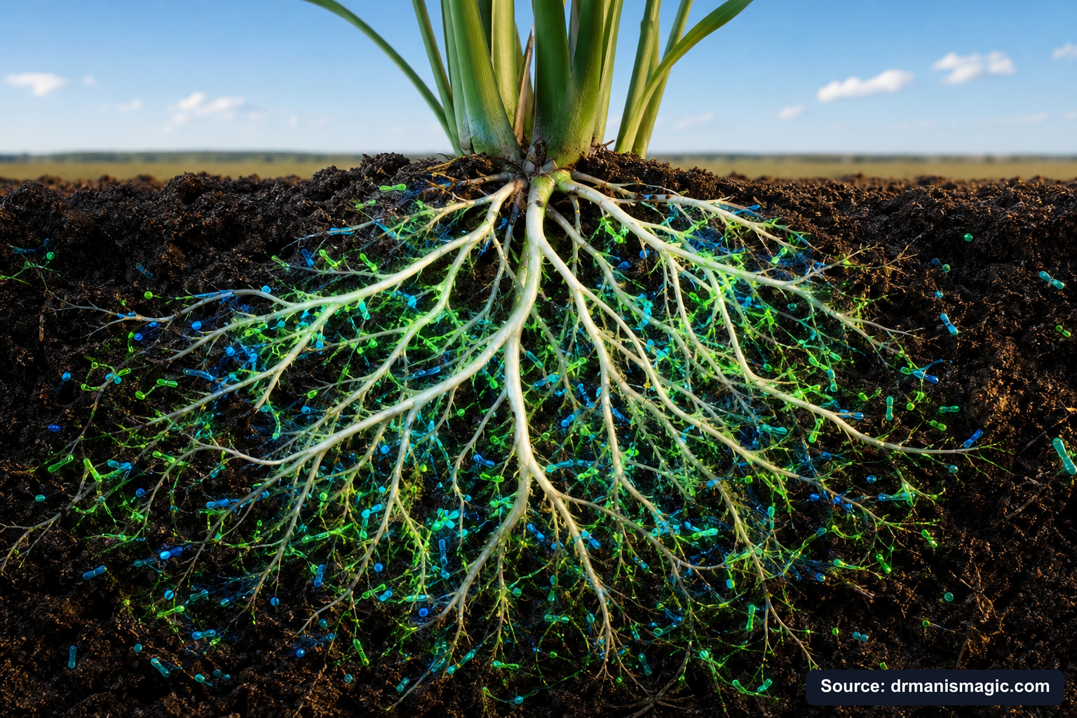 Cross-section of healthy plant roots surrounded by active soil microbes