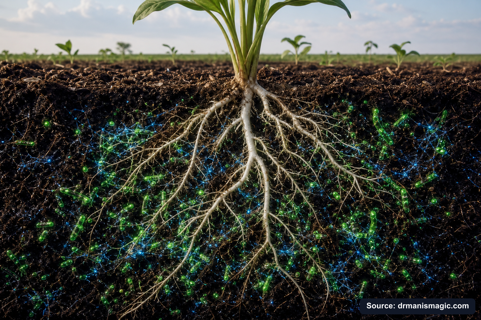 Cross-section of healthy plant roots surrounded by active soil microbes