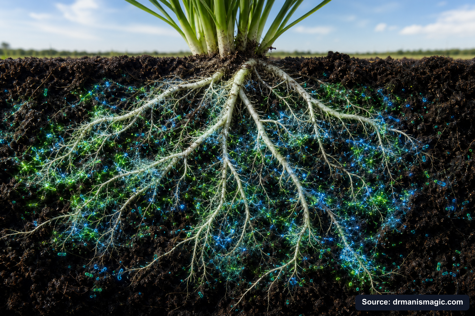 Cross-section of healthy plant roots surrounded by active soil microbes