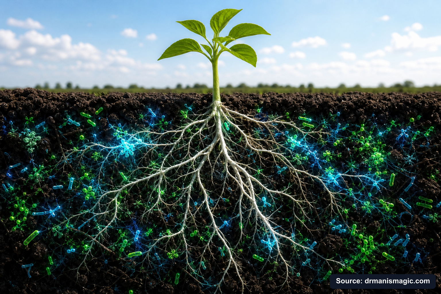 Cross-section of healthy plant roots surrounded by active soil microbes