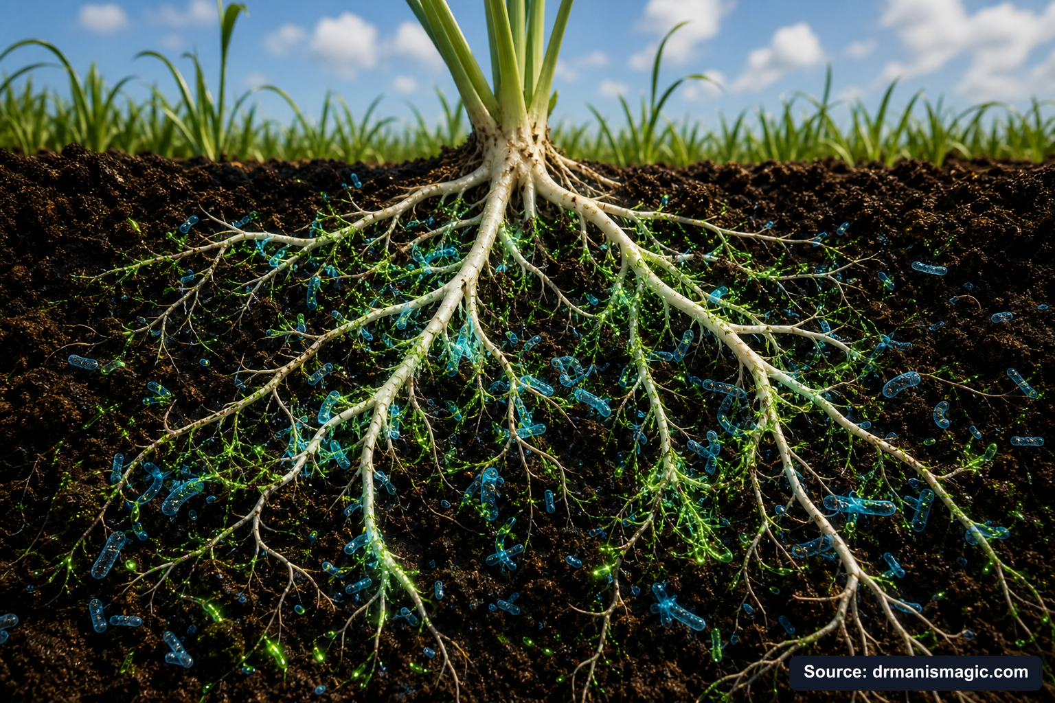 Cross-section of healthy plant roots surrounded by active soil microbes