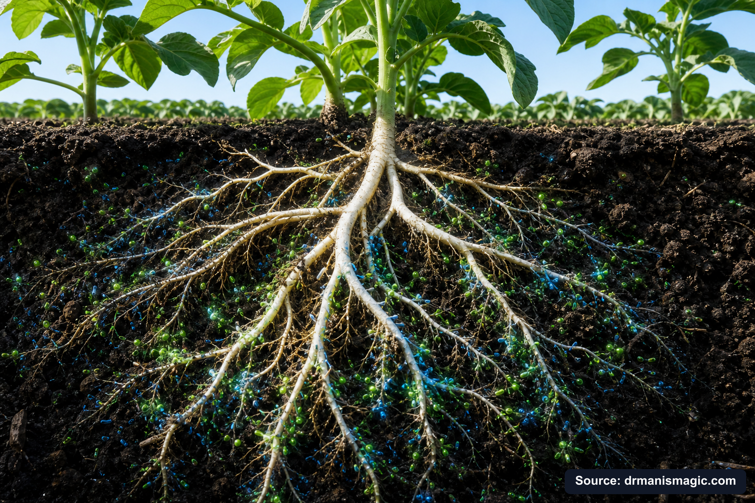 Cross-section of healthy plant roots surrounded by active soil microbes