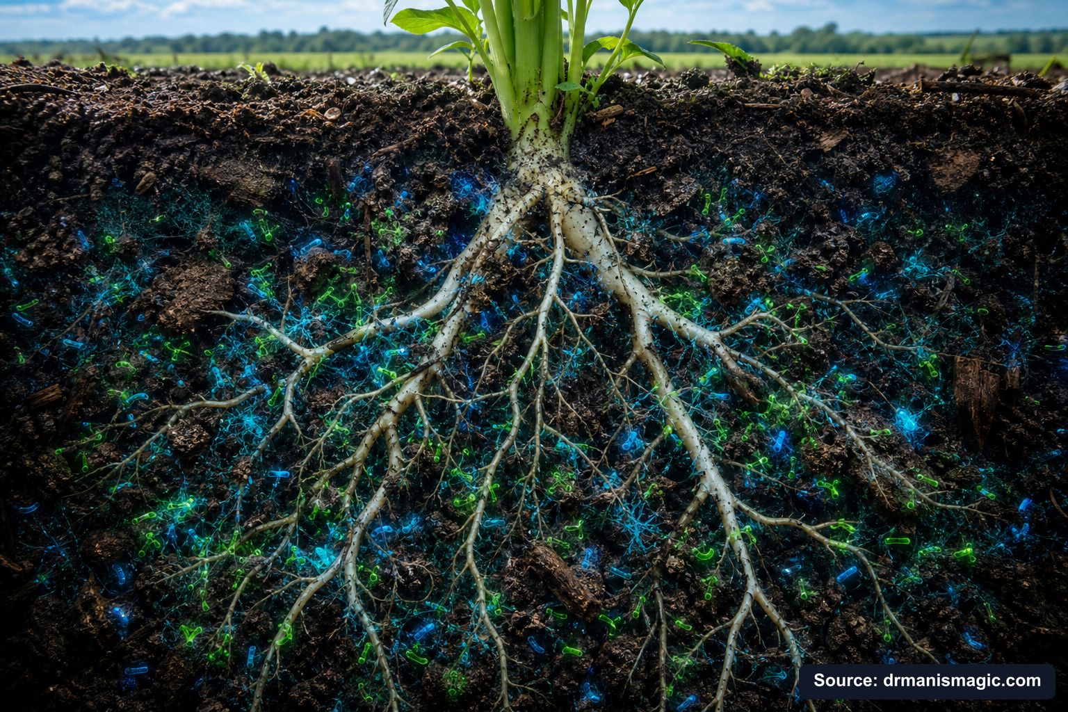 Cross-section of healthy plant roots surrounded by active soil microbes