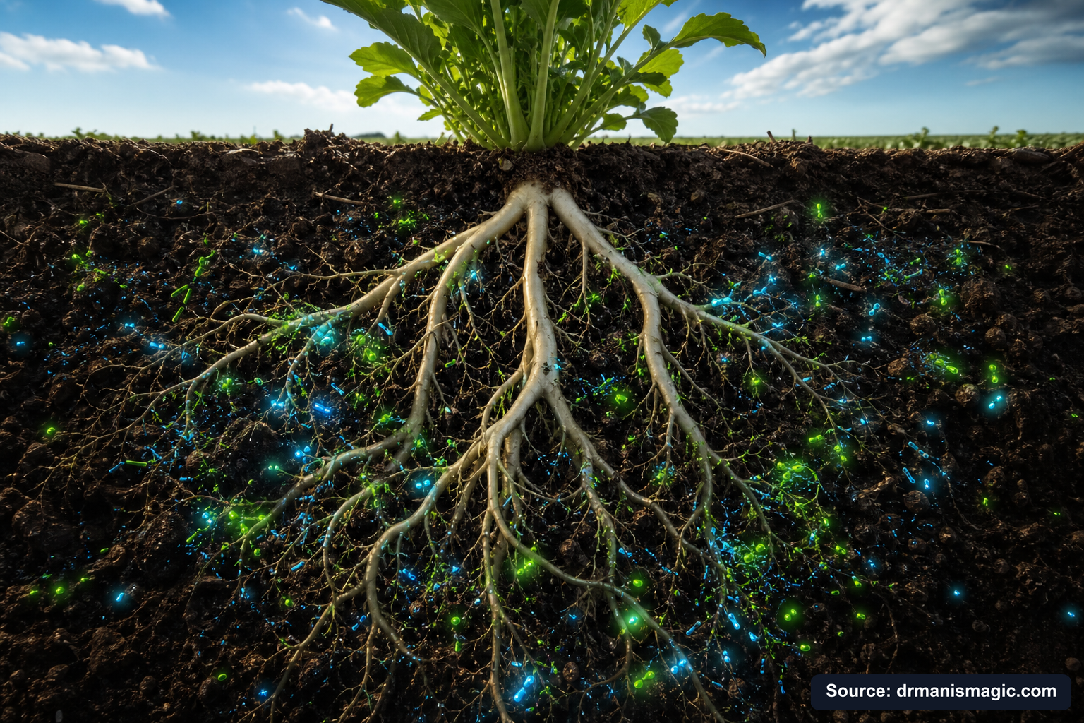Cross-section of healthy plant roots surrounded by active soil microbes