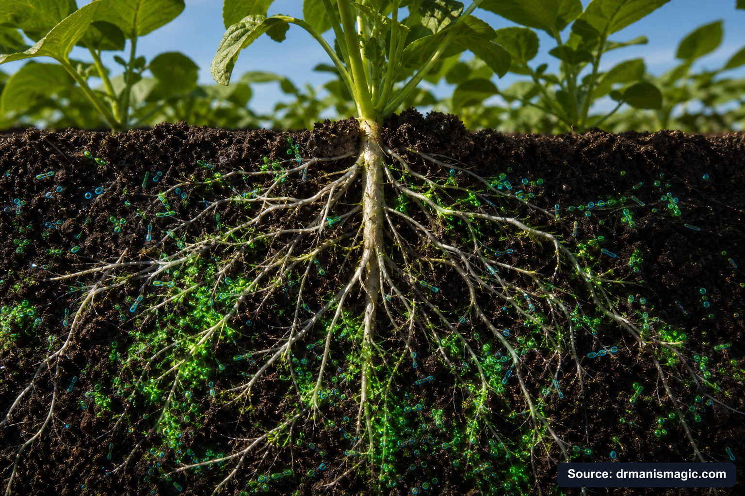 Cross-section of healthy plant roots surrounded by active soil microbes