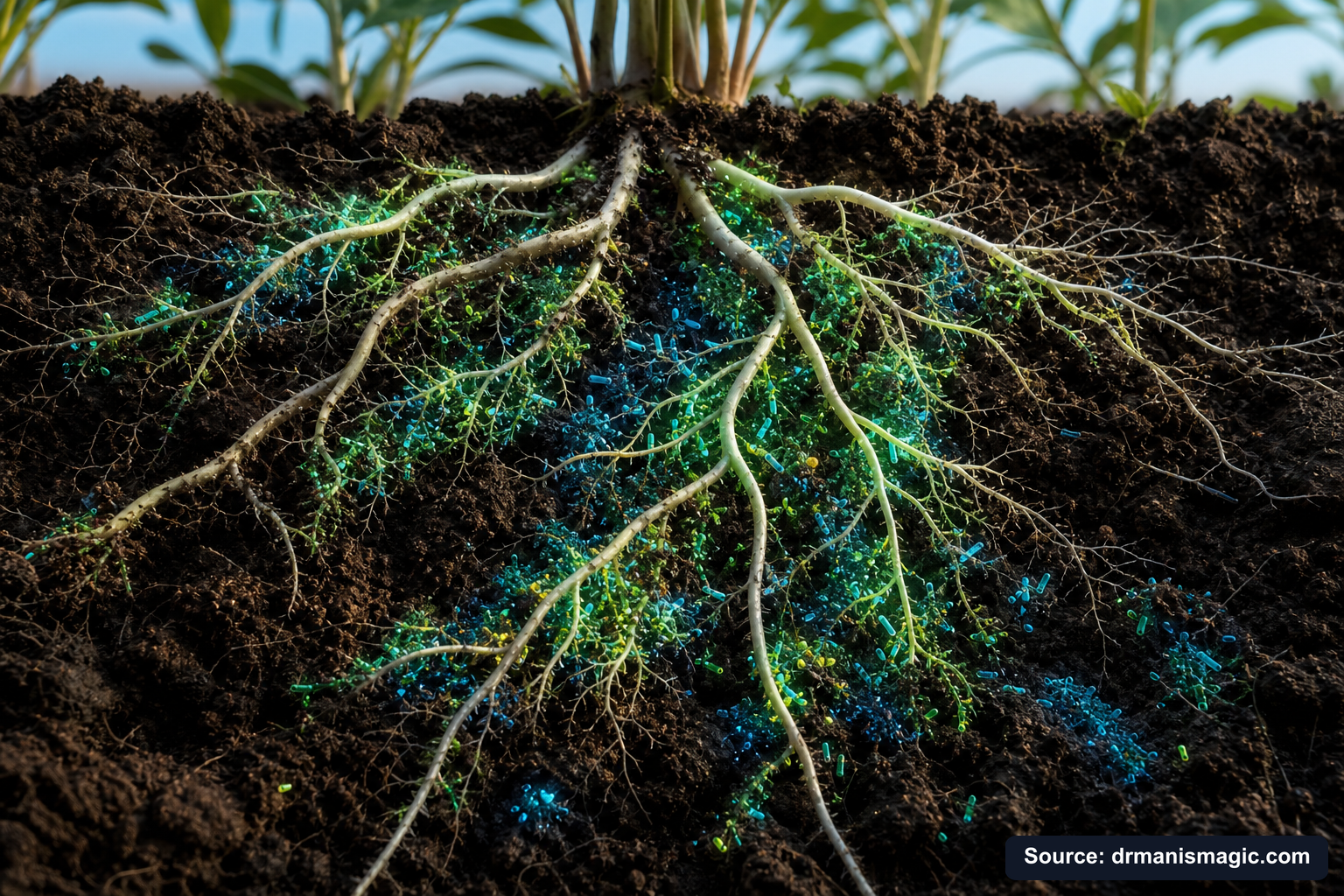 Cross-section of healthy plant roots surrounded by active soil microbes