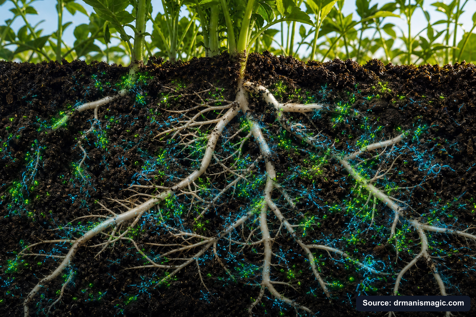 Cross-section of healthy plant roots surrounded by active soil microbes
