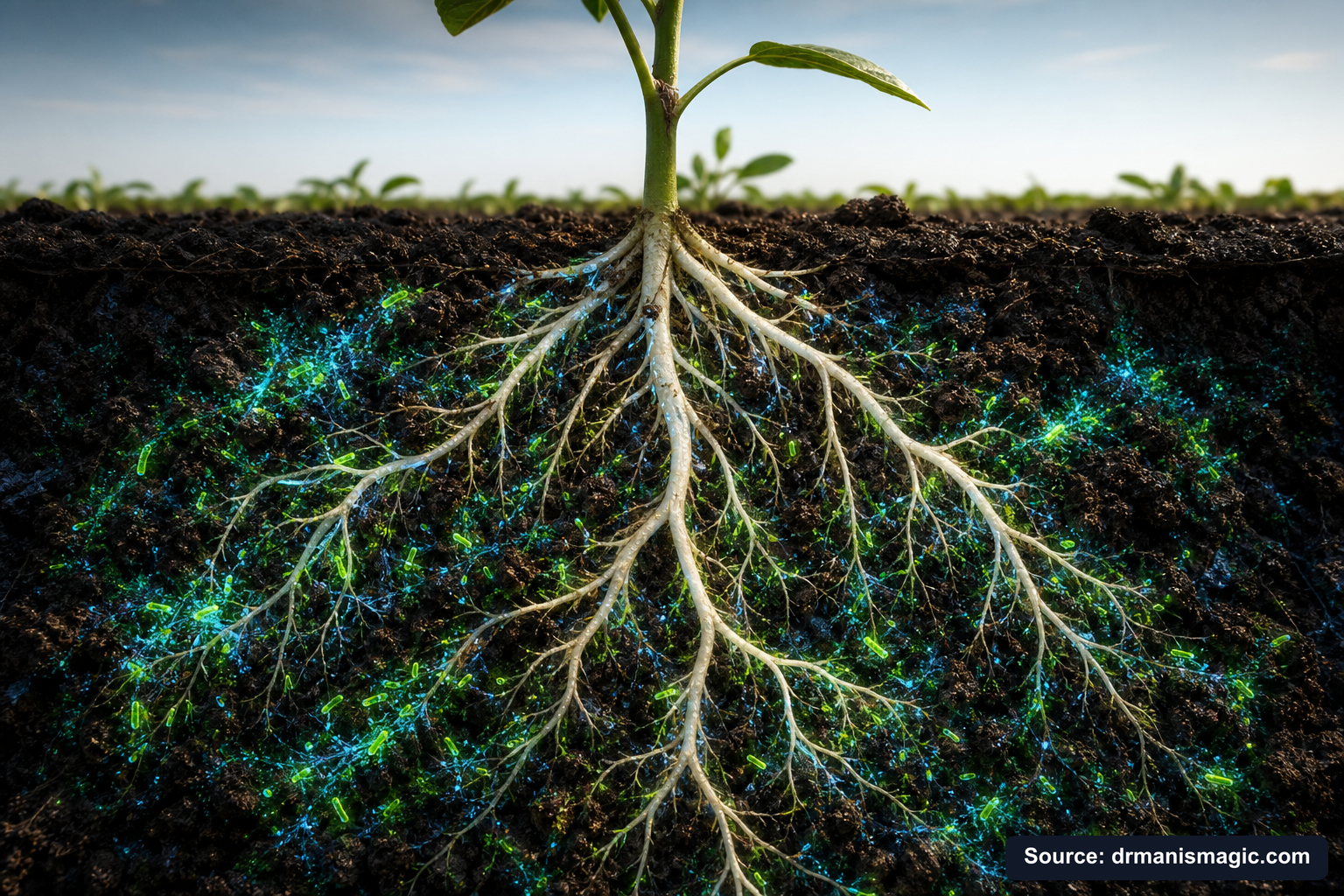 Cross-section of healthy plant roots surrounded by active soil microbes