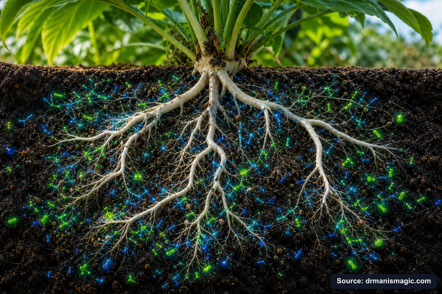 Cross-section of healthy plant roots surrounded by active soil microbes
