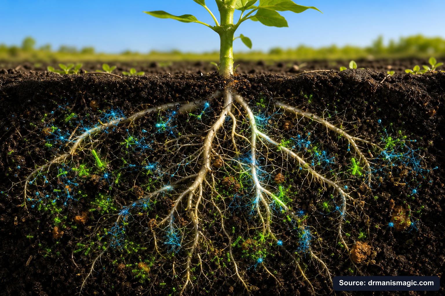Cross-section of healthy plant roots surrounded by active soil microbes