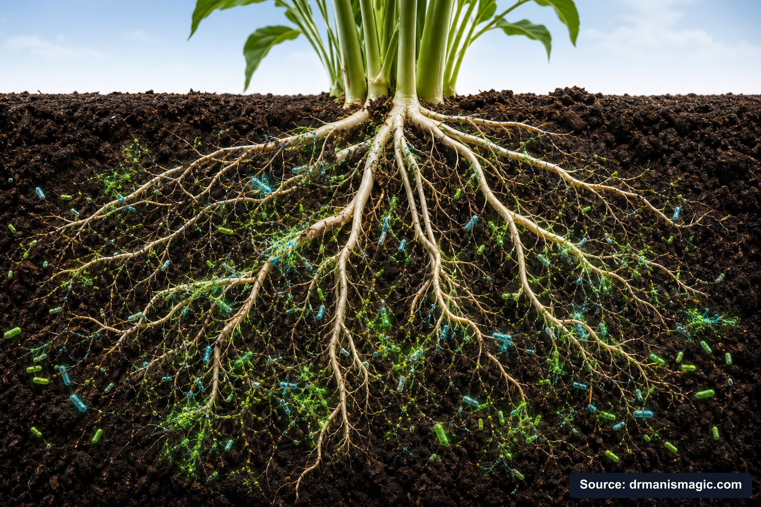 Cross-section of healthy plant roots surrounded by active soil microbes