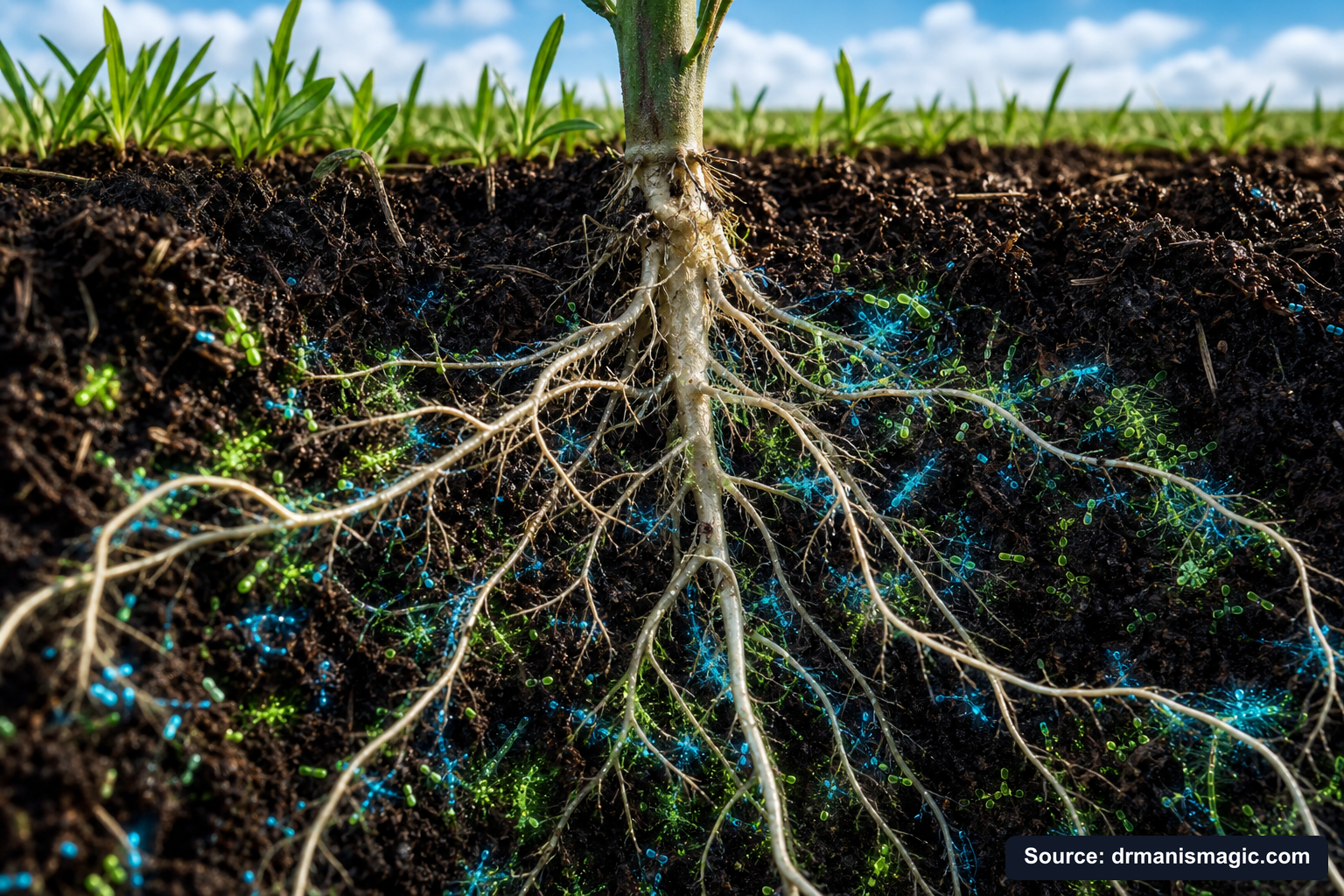 Cross-section of healthy plant roots surrounded by active soil microbes