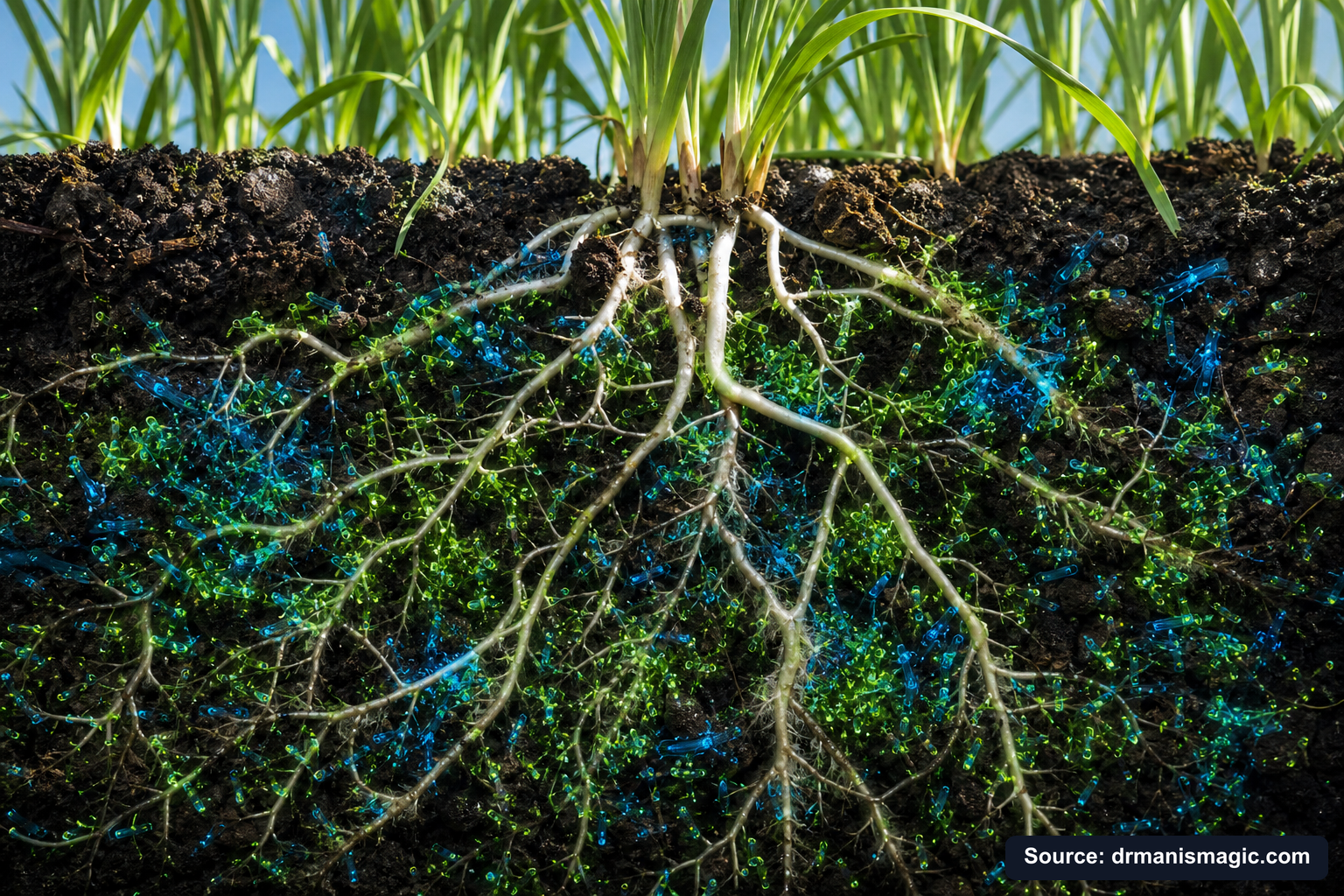 Cross-section of healthy plant roots surrounded by active soil microbes