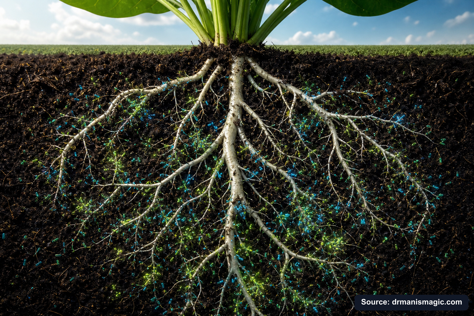 Cross-section of healthy plant roots surrounded by active soil microbes