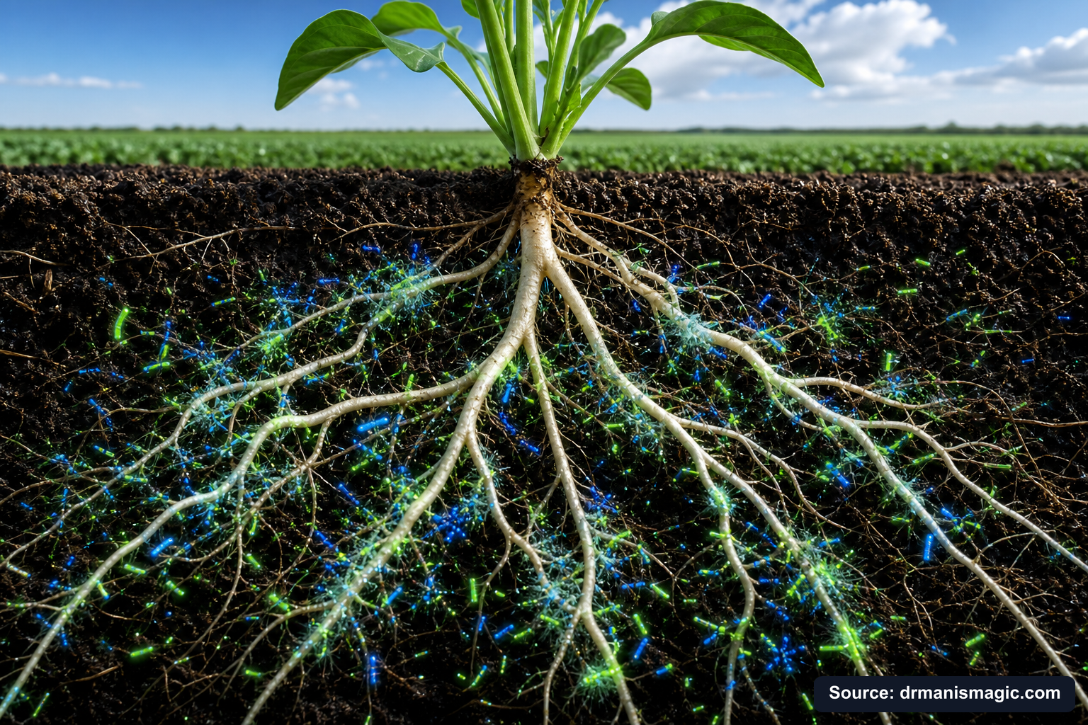 Cross-section of healthy plant roots surrounded by active soil microbes