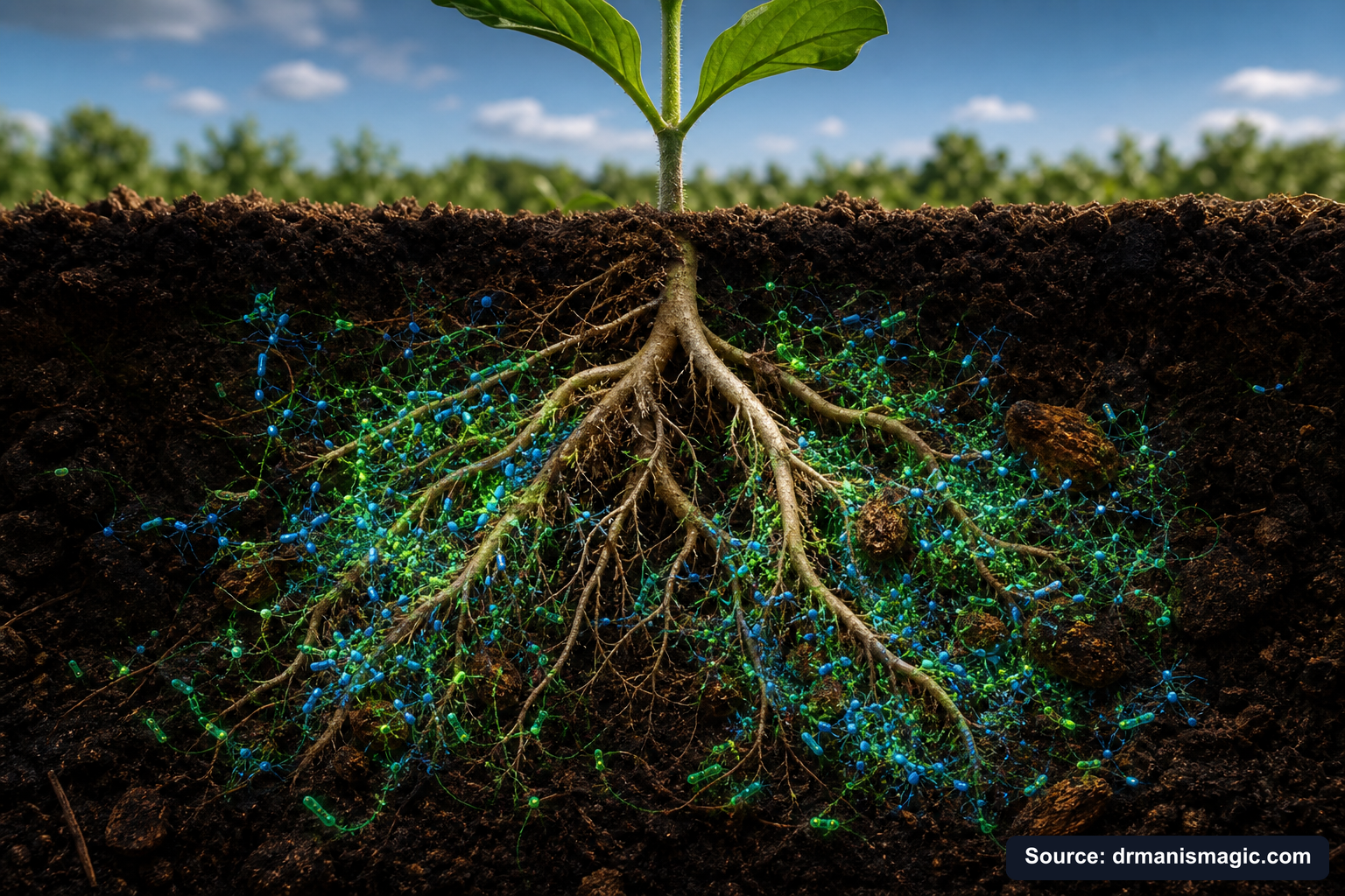 Cross-section of healthy plant roots surrounded by active soil microbes