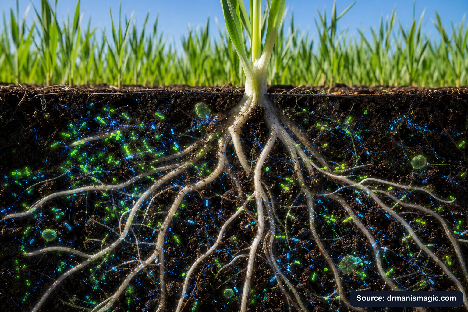 Cross-section of healthy plant roots surrounded by active soil microbes