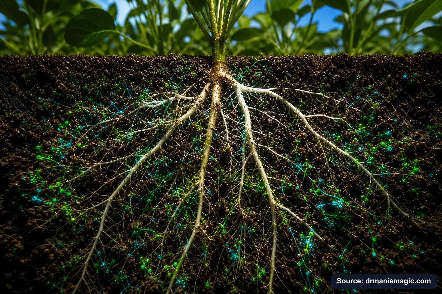 Cross-section of healthy plant roots surrounded by active soil microbes