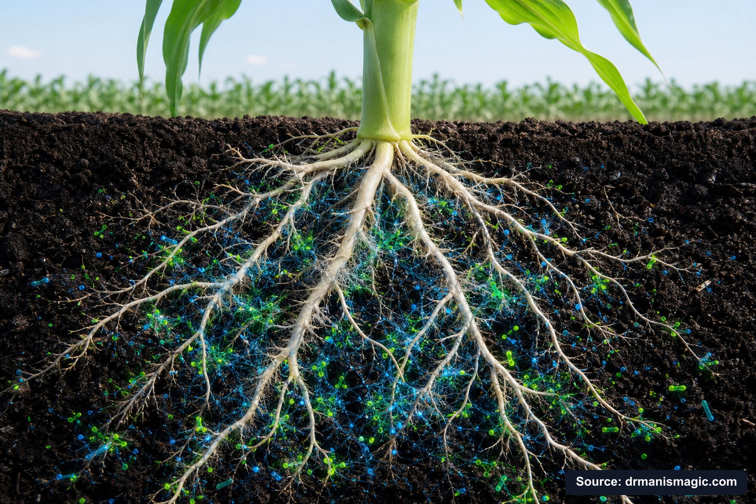 Cross-section of healthy plant roots surrounded by active soil microbes