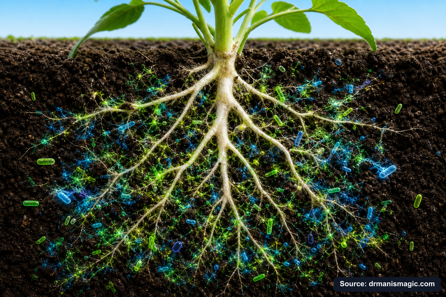 Cross-section of healthy plant roots surrounded by active soil microbes