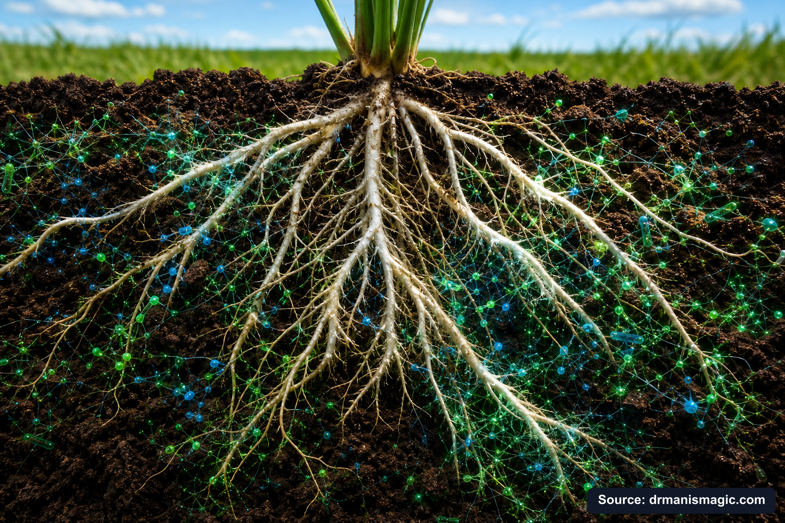 Cross-section of healthy plant roots surrounded by active soil microbes