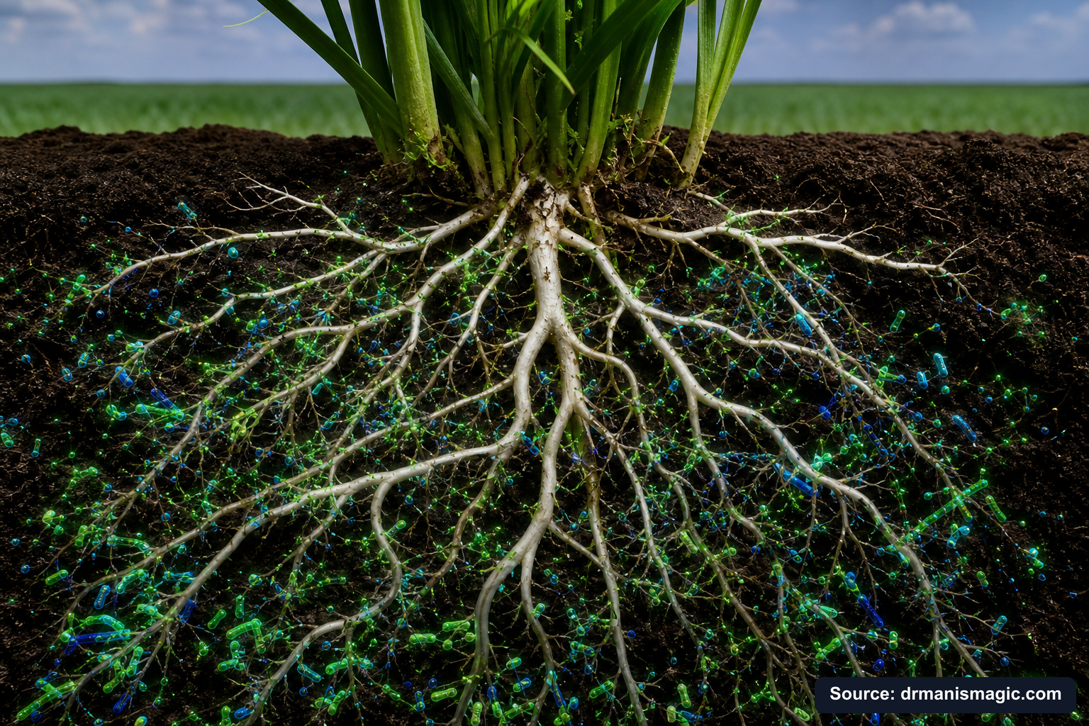 Cross-section of healthy plant roots surrounded by active soil microbes