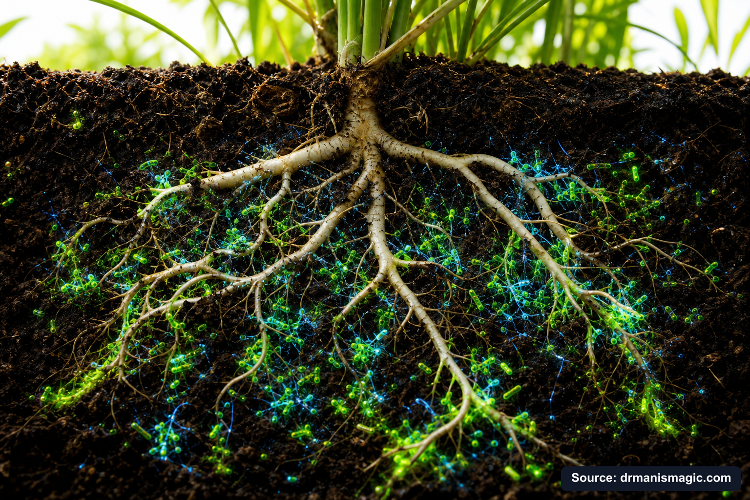 Cross-section of healthy plant roots surrounded by active soil microbes