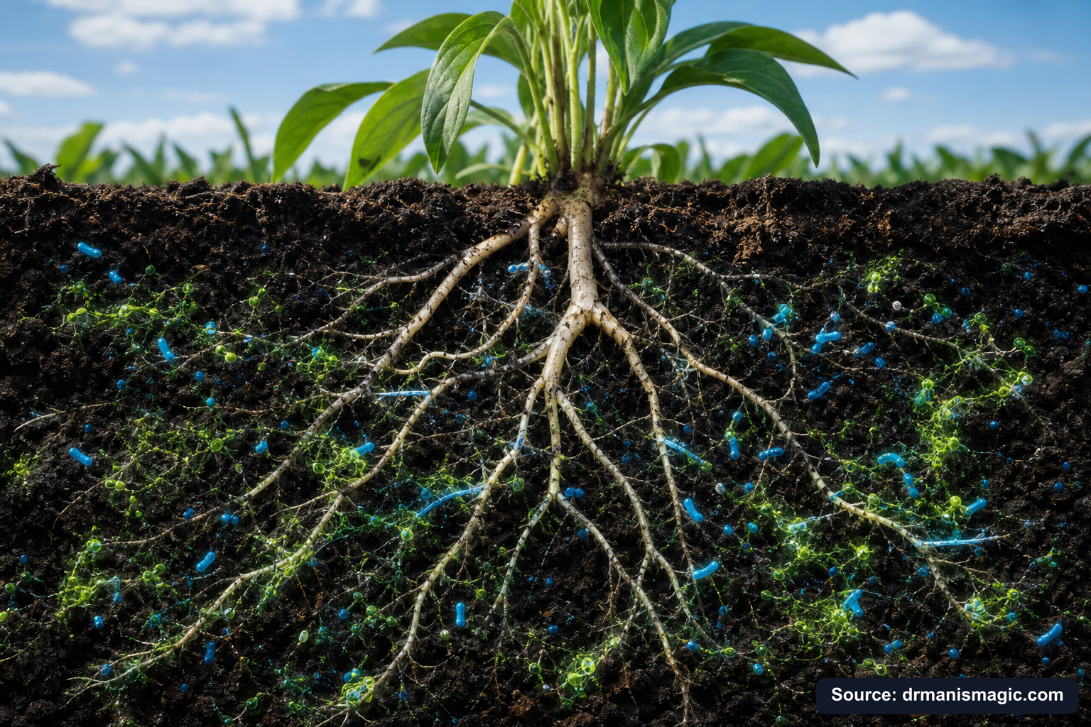 Cross-section of healthy plant roots surrounded by active soil microbes