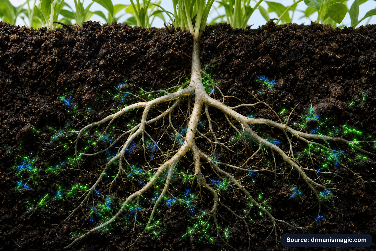 Cross-section of healthy plant roots surrounded by active soil microbes