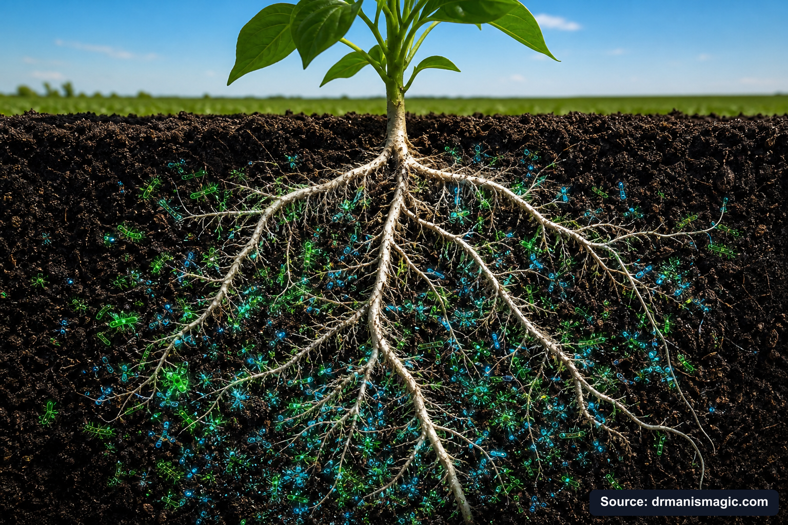 Cross-section of healthy plant roots surrounded by active soil microbes