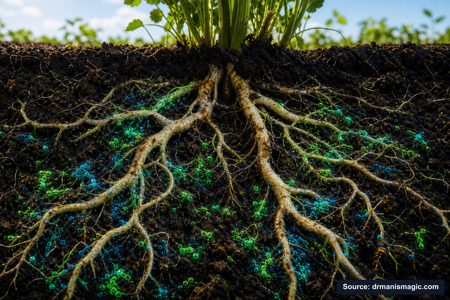 Cross-section of healthy plant roots surrounded by active soil microbes