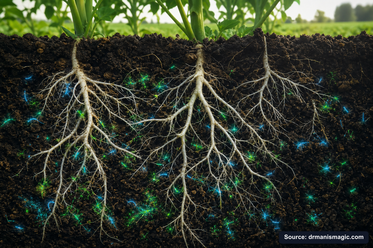 Cross-section of healthy plant roots surrounded by active soil microbes