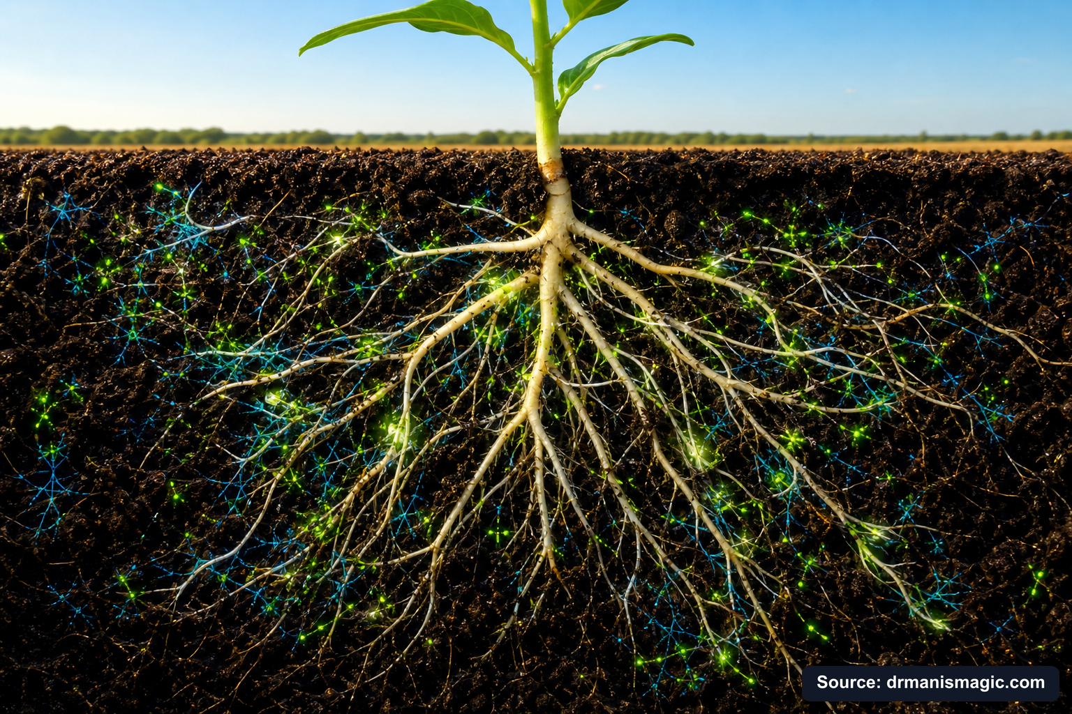 Cross-section of healthy plant roots surrounded by active soil microbes