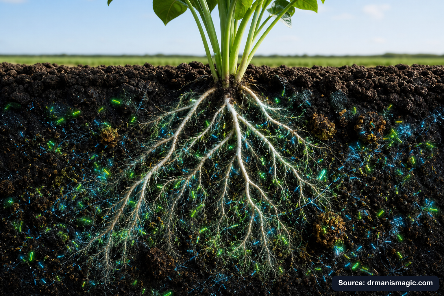 Cross-section of healthy plant roots surrounded by active soil microbes