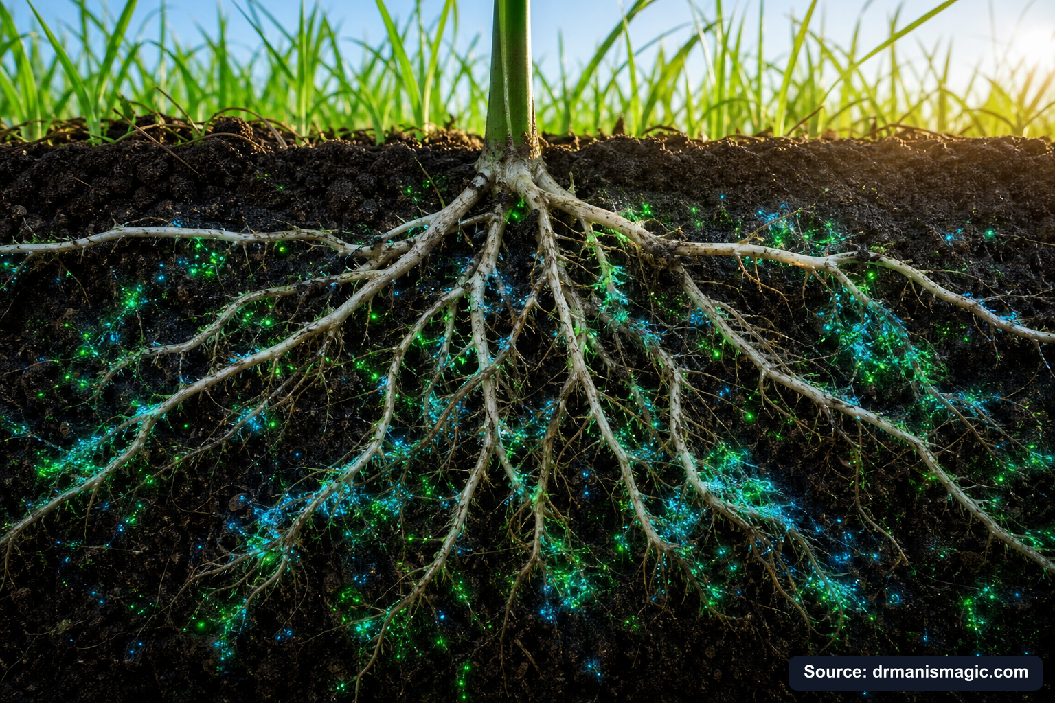 Cross-section of healthy plant roots surrounded by active soil microbes