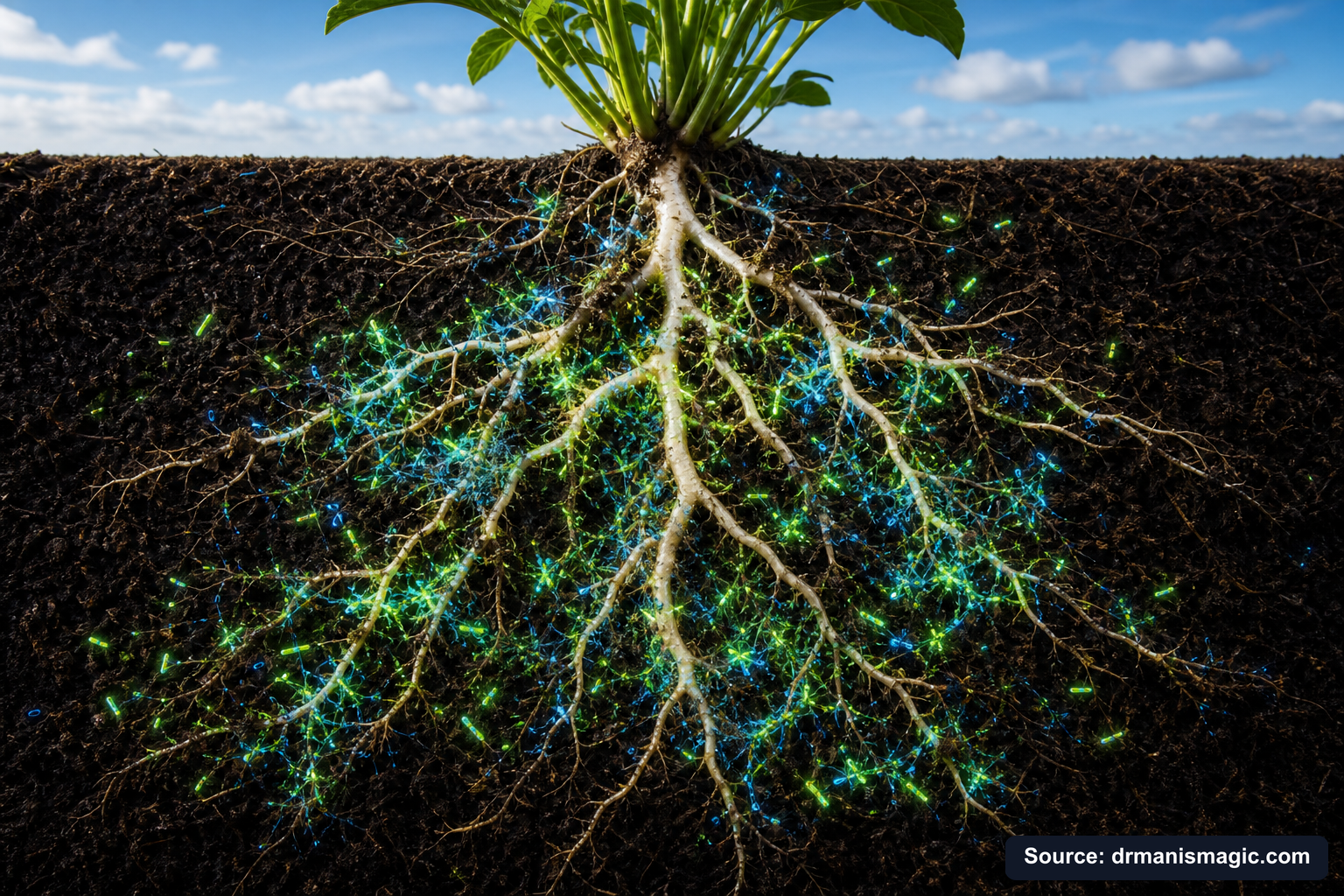 Cross-section of healthy plant roots surrounded by active soil microbes