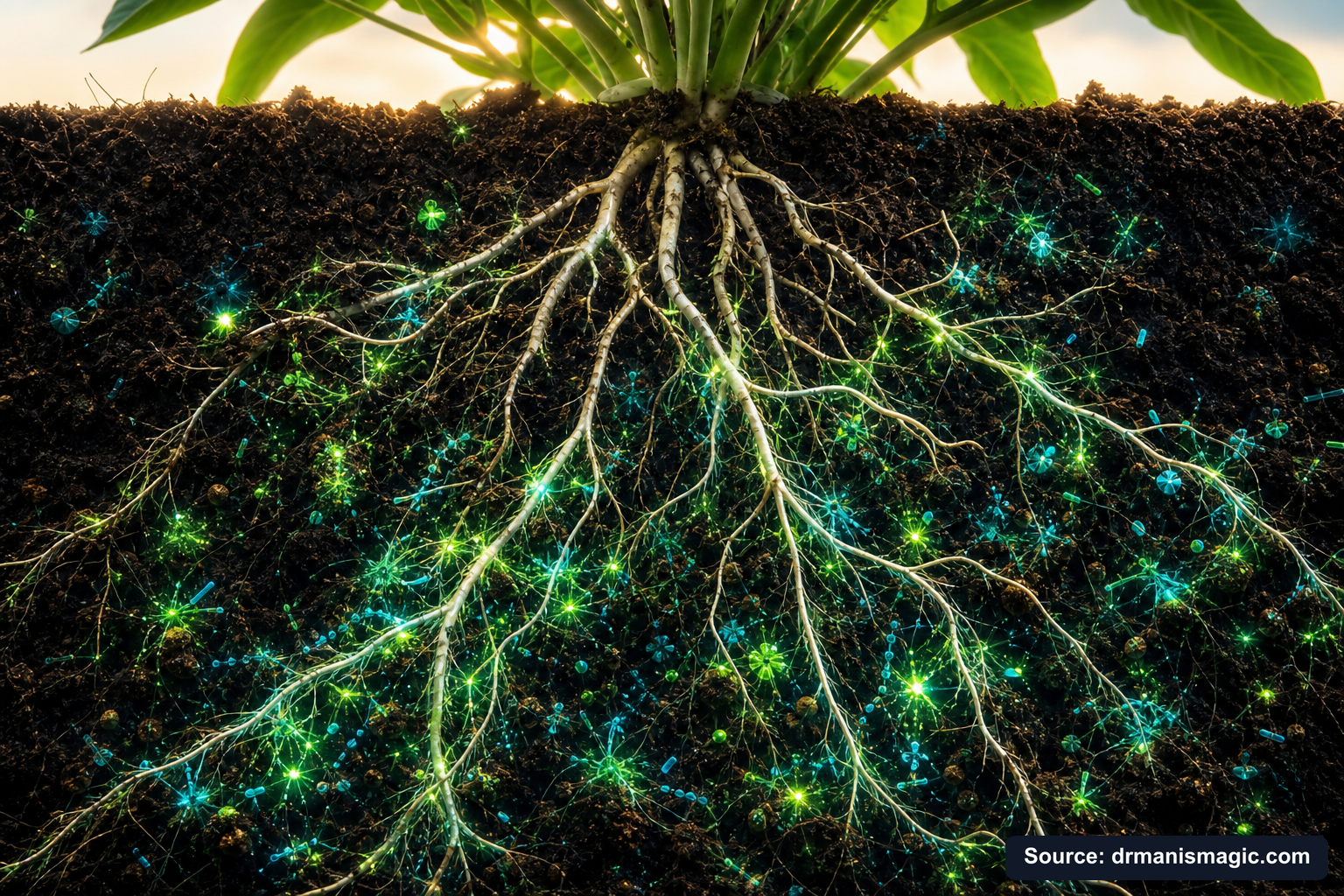 Cross-section of healthy plant roots surrounded by active soil microbes