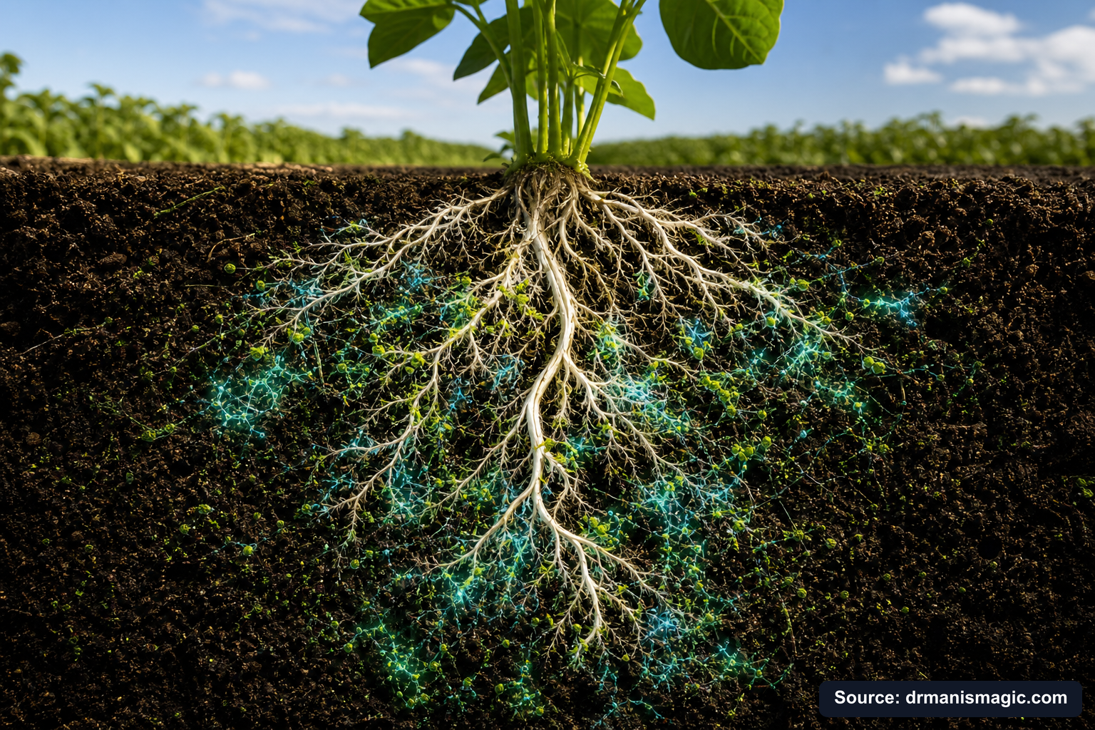 Cross-section of healthy plant roots surrounded by active soil microbes