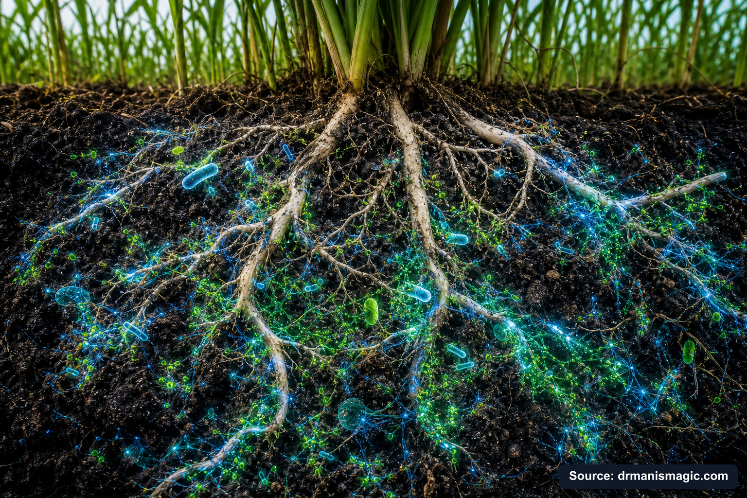 Cross-section of healthy plant roots surrounded by active soil microbes