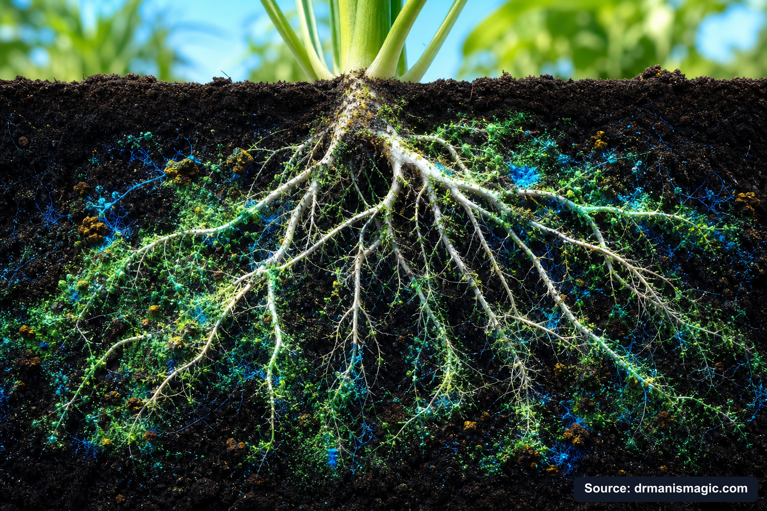 Cross-section of healthy plant roots surrounded by active soil microbes