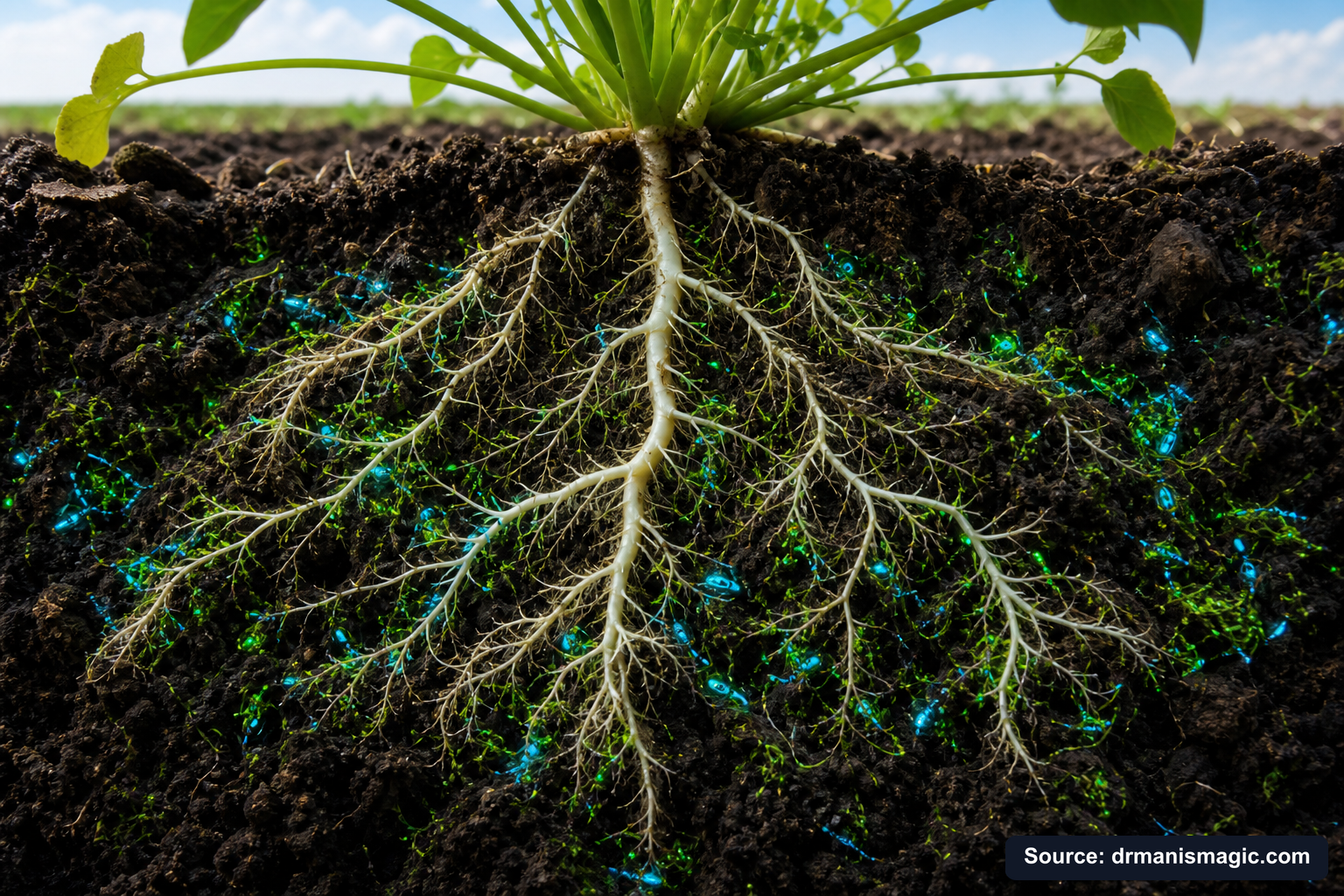 Cross-section of healthy plant roots surrounded by active soil microbes