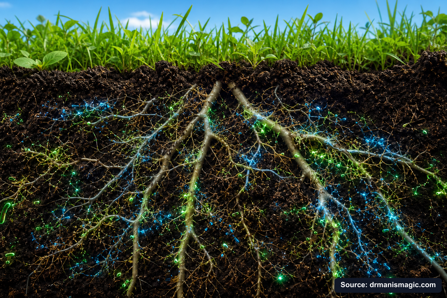 Cross-section of healthy plant roots surrounded by active soil microbes
