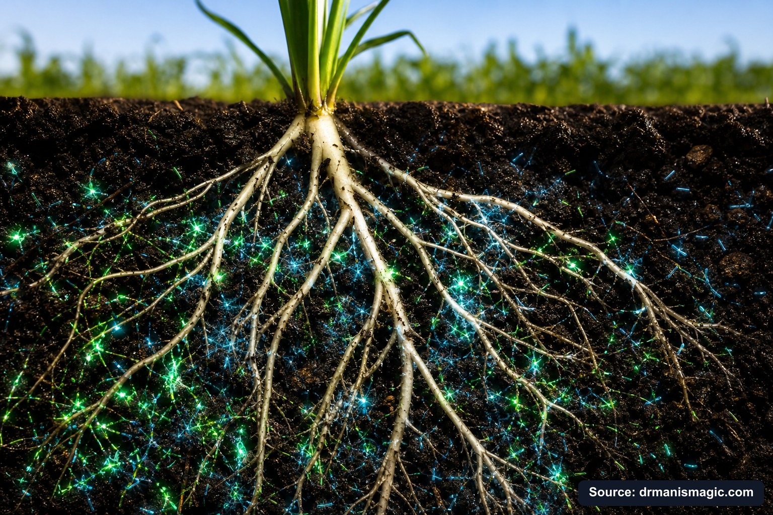 Cross-section of healthy plant roots surrounded by active soil microbes