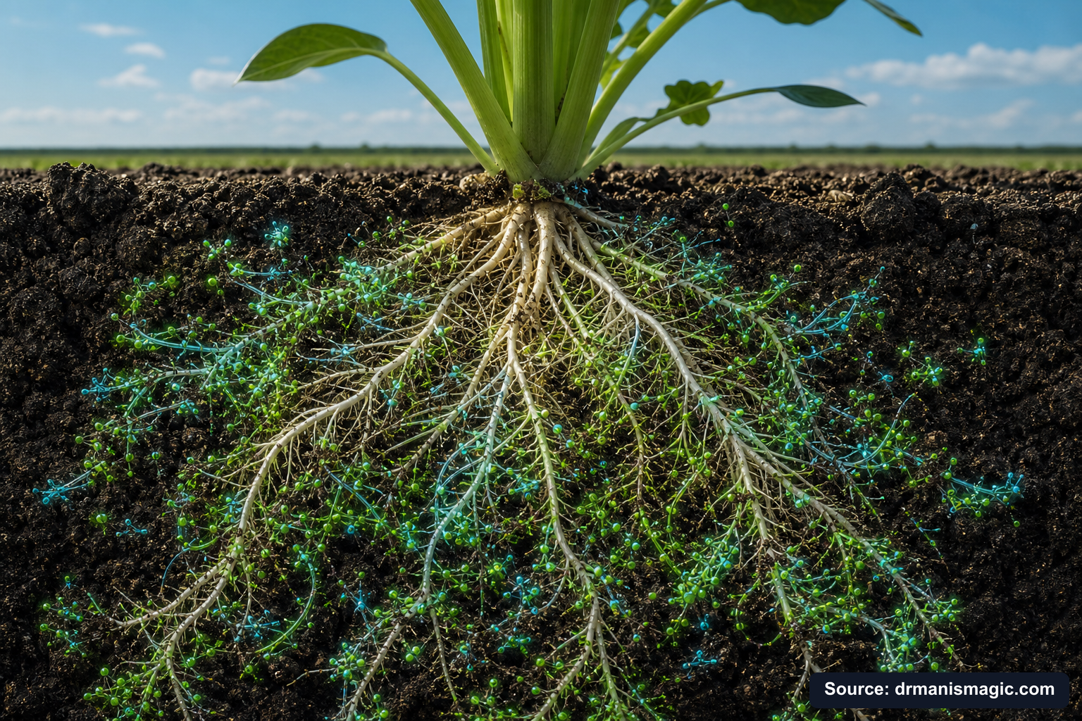 Cross-section of healthy plant roots surrounded by active soil microbes