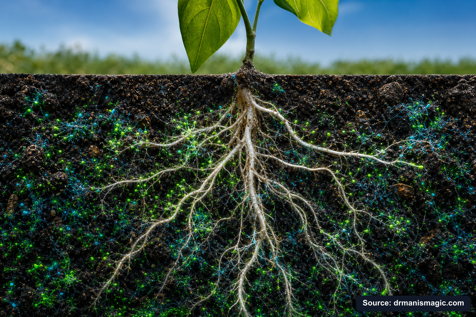 Cross-section of healthy plant roots surrounded by active soil microbes