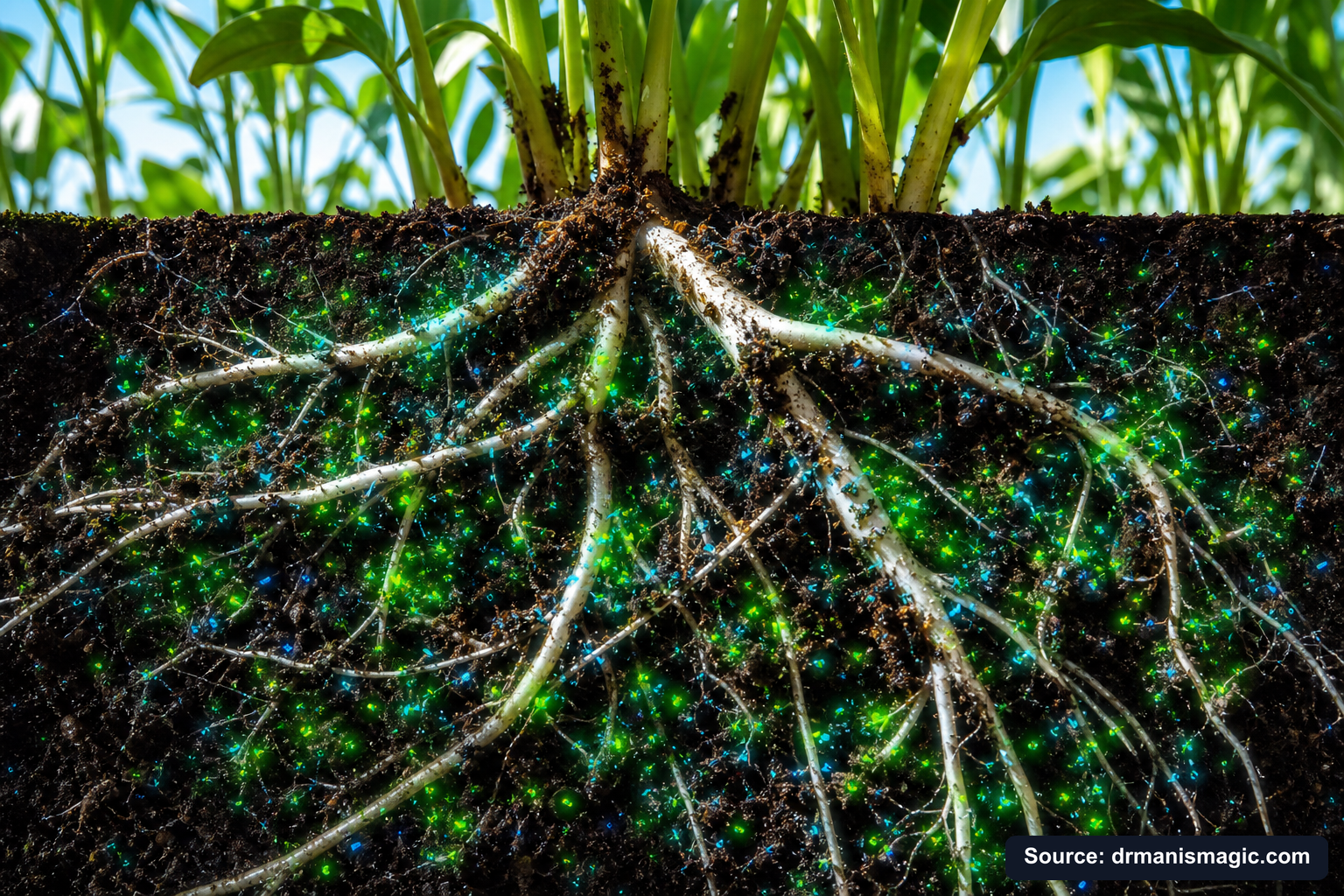 Cross-section of healthy plant roots surrounded by active soil microbes