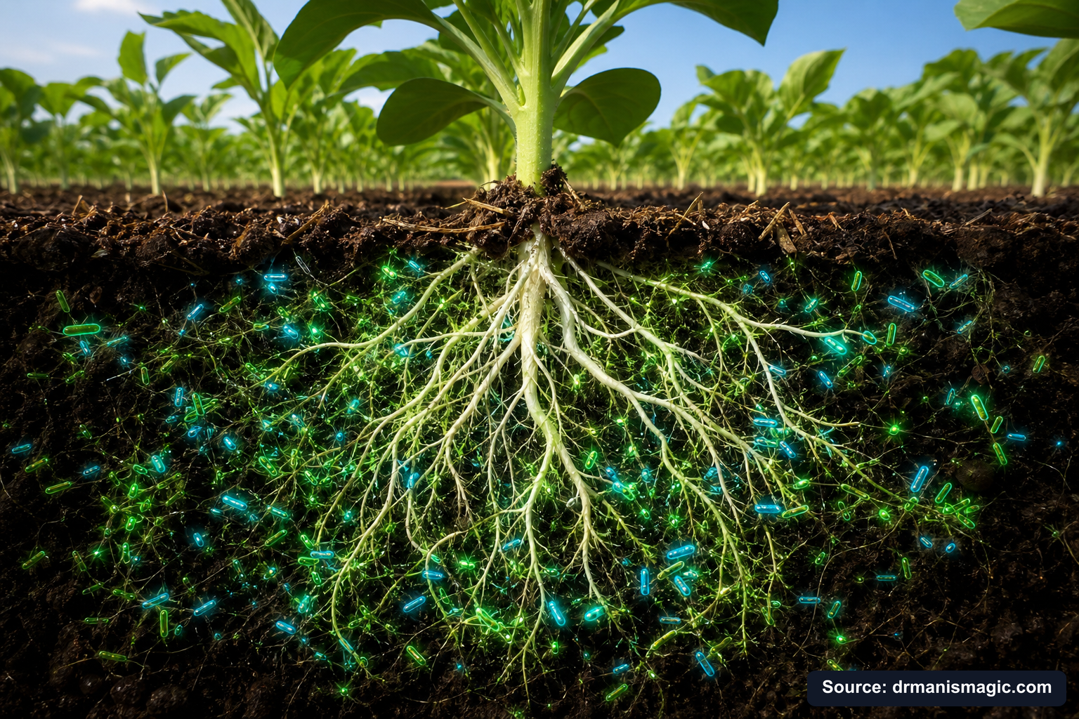 Cross-section of healthy plant roots surrounded by active soil microbes