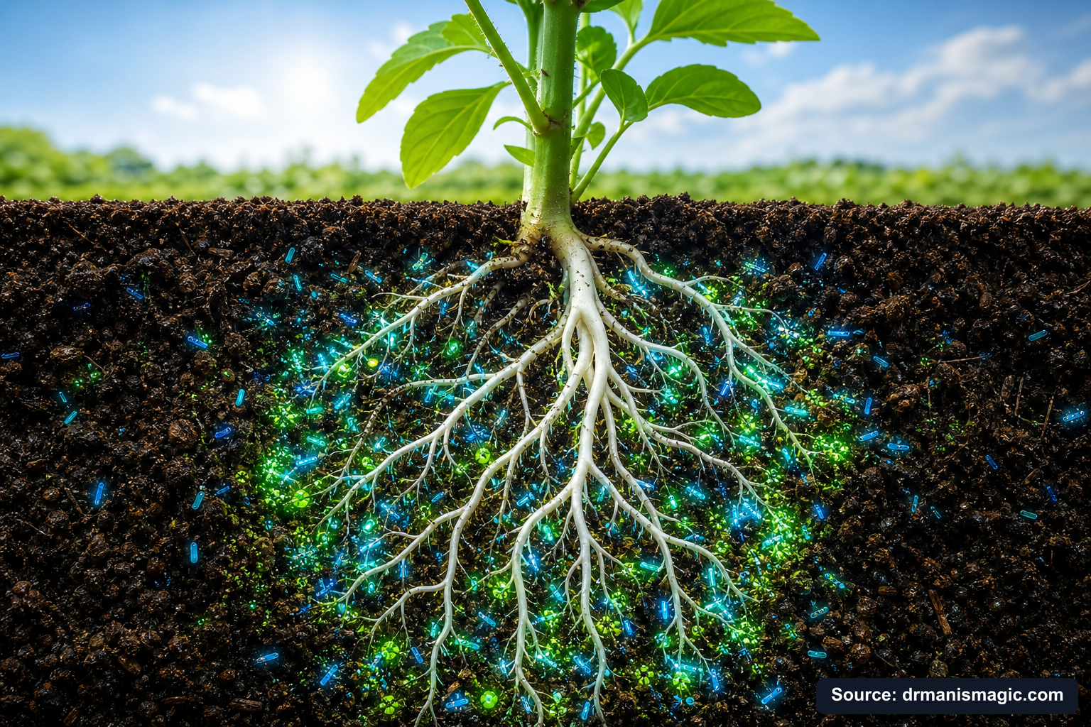 Cross-section of healthy plant roots surrounded by active soil microbes