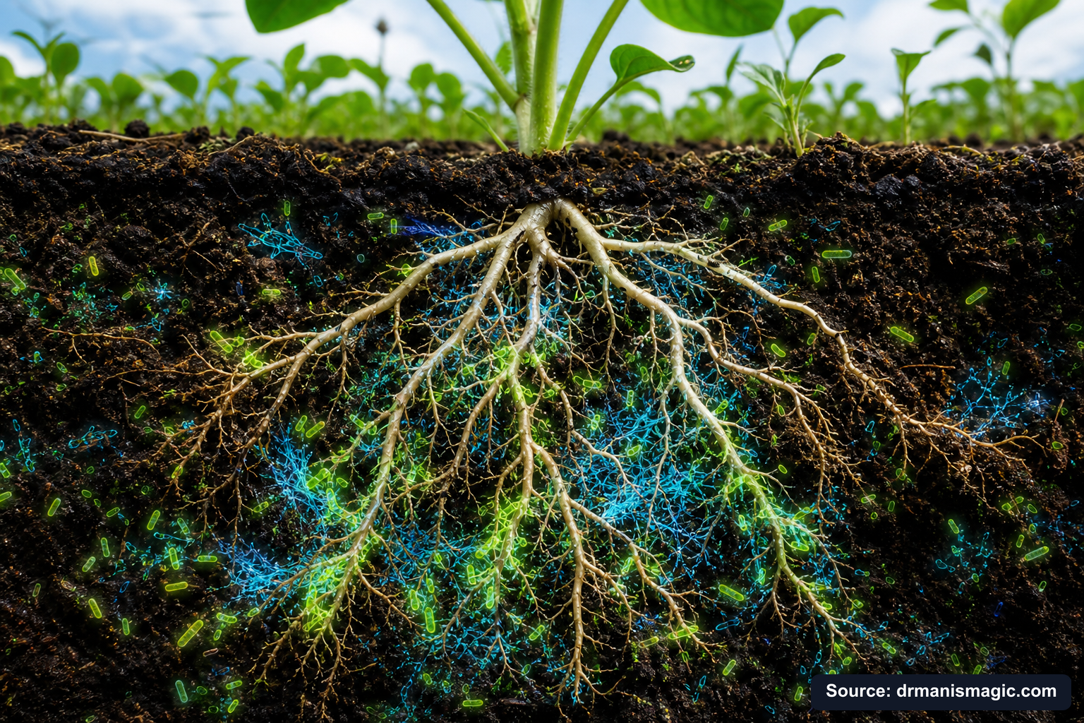 Cross-section of healthy plant roots surrounded by active soil microbes